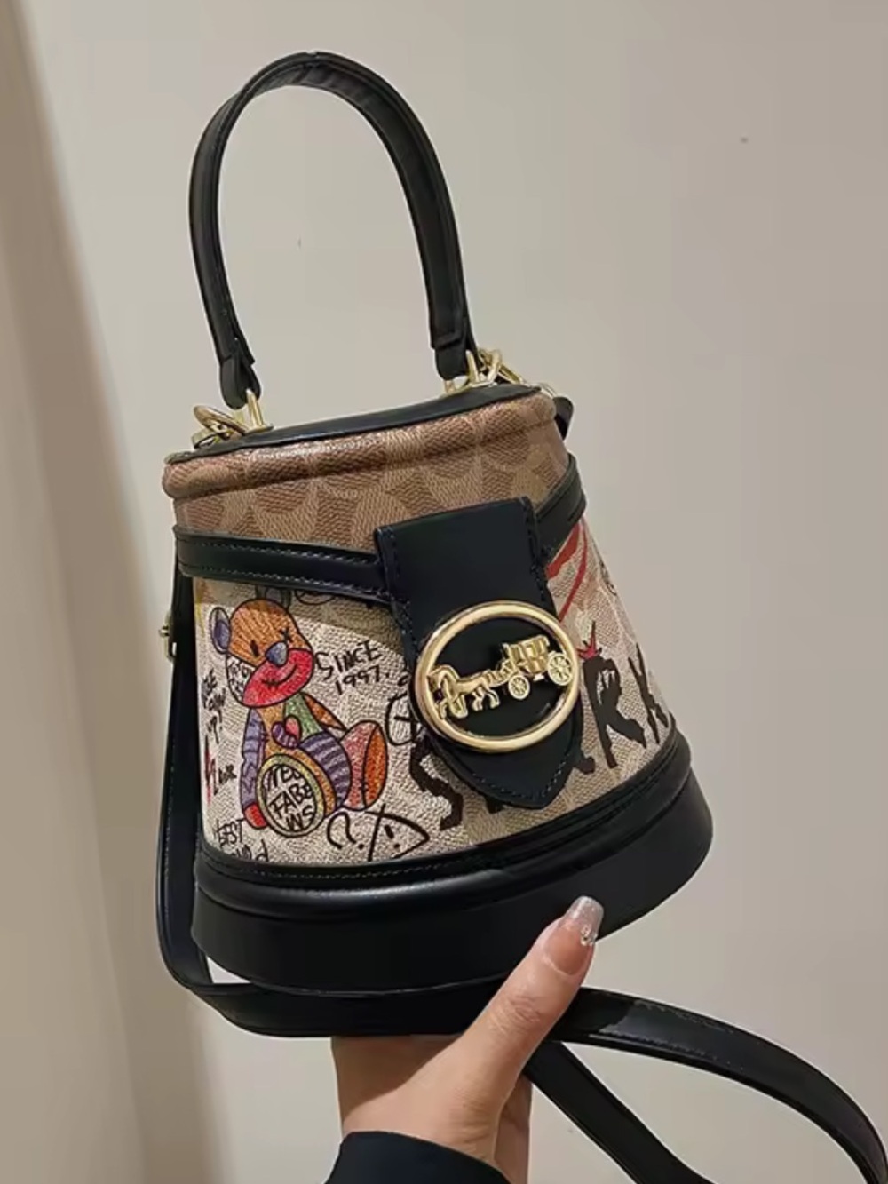 New designer inspired Black & Tan Graffiti Mini Bucket Bag with Gold Accent